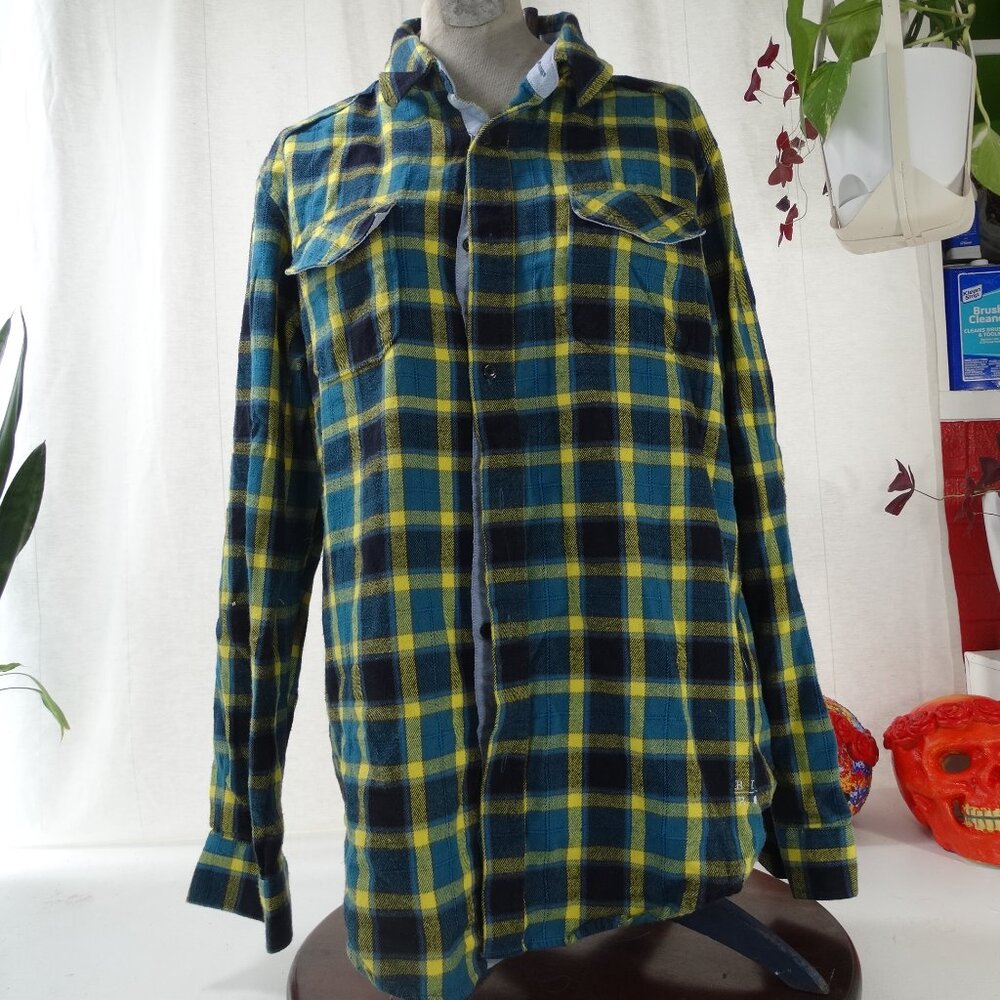 Billabong Neon Yellow/ Blue - Long Sleeve Flannel Shirt Sz:L - Seaweed Plaid